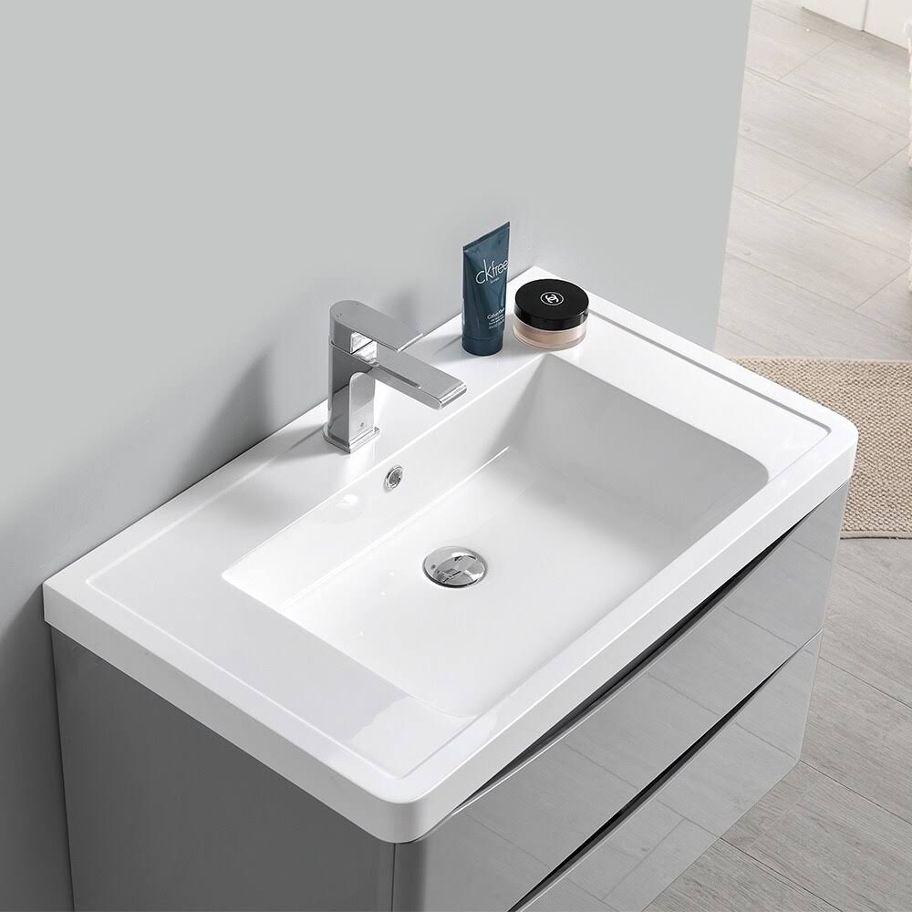 Glossy Gray Wall Hung Bathroom Cabinet with Integrated Sink F580
