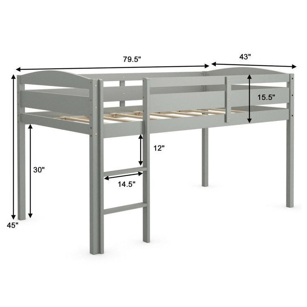 Twin Wooden Low Loft Bunk Bed with Guard Rail and Ladder B646