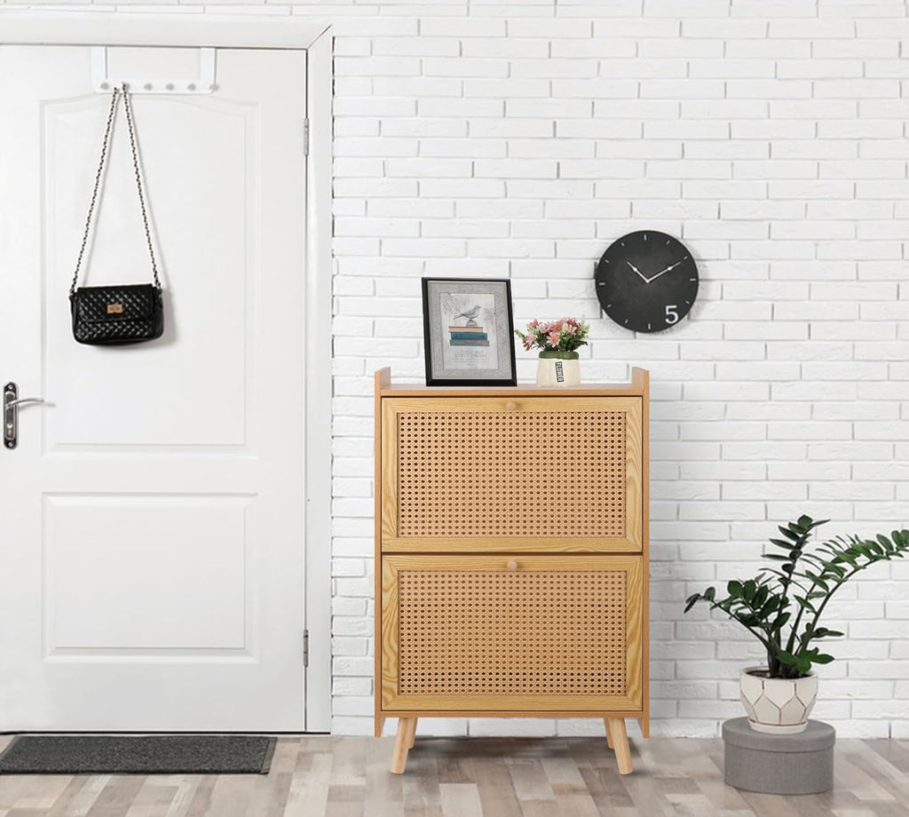 Brown Wooden Shoe Storage Cabinet with 2 Flip Drawers Rattan L738016