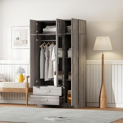 6-Door Wooden Armoire Wardrobe Closet with Mirror, 2 Drawers, 1 Hanging Rod V78798