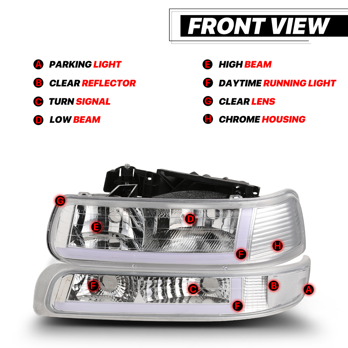 Headlights Assembly with LED Tube DRL for Chevy Silverado Suburban Tahoe Truck U36754
