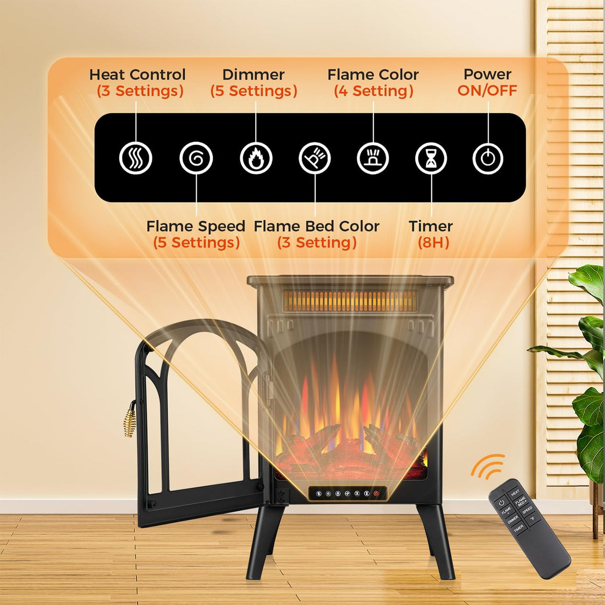 Electric Fireplace Stove, 1500W, 17" Infrared Heater, Remote Control, 8H Timer Y855071
