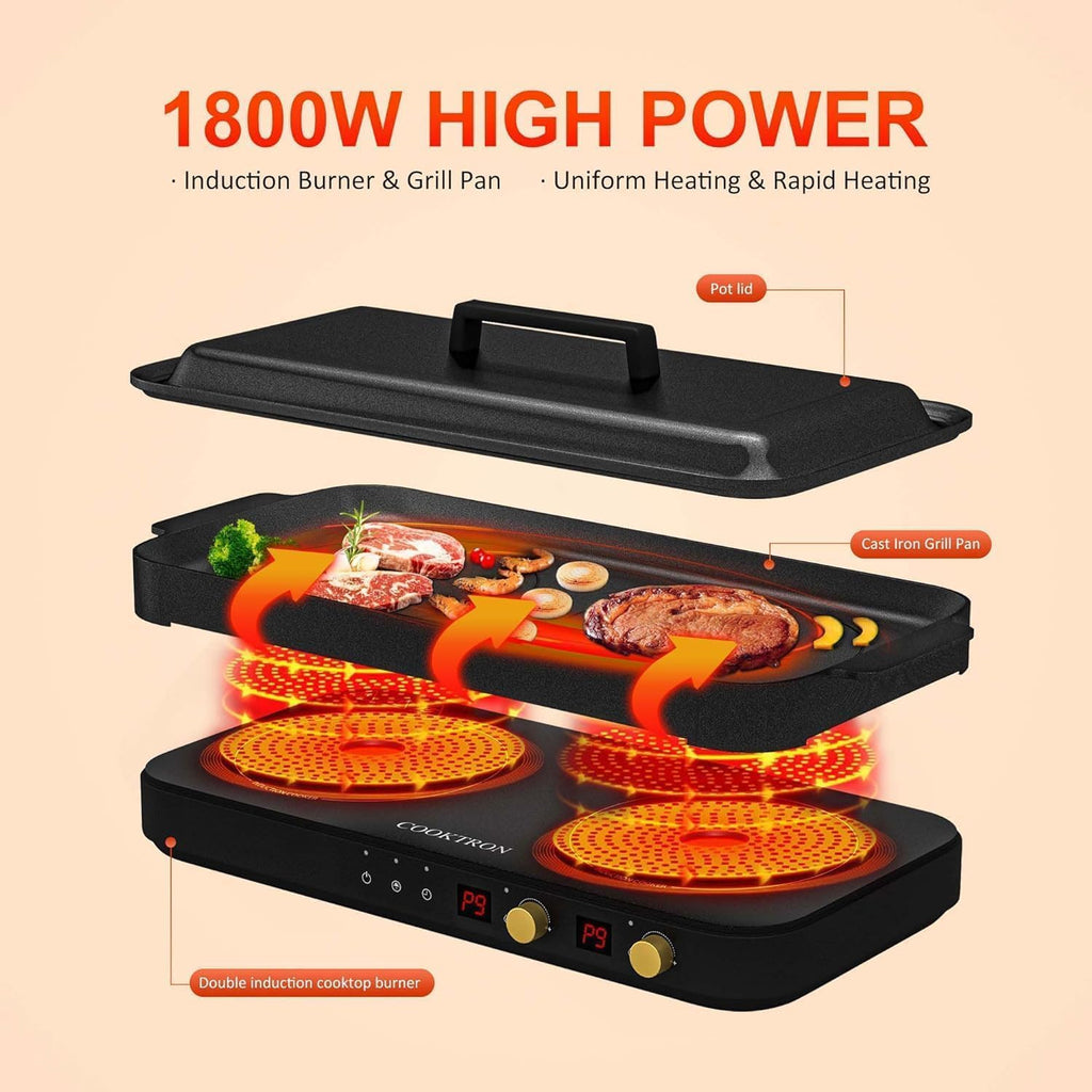 Induction Cooktop 2 Burner with Removable Iron Cast Griddle Pan Non-stick S951