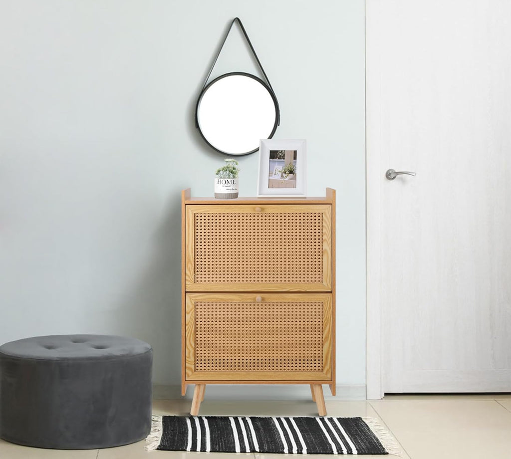 Brown Wooden Shoe Storage Cabinet with 2 Flip Drawers Rattan L738016