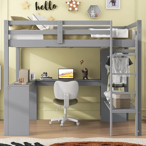White Full Size Wood Loft Bed with Desk and Wardrobe J817