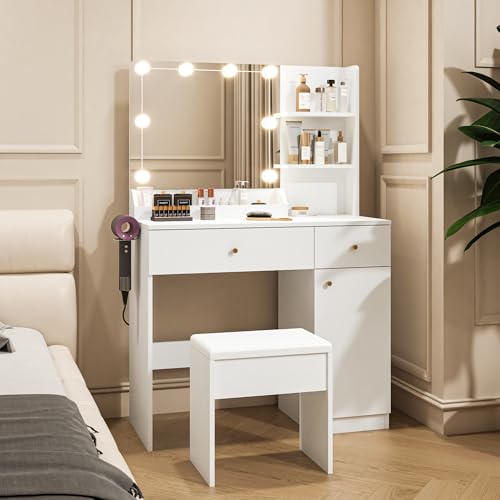 White Vanity Desk with Mirror and Lights Dimmable LED Makeup Table with Drawers Side Cabinet 3 Storage Shelves Power Outlet Dressing Table Set Include Holder Cushioned Stool G489