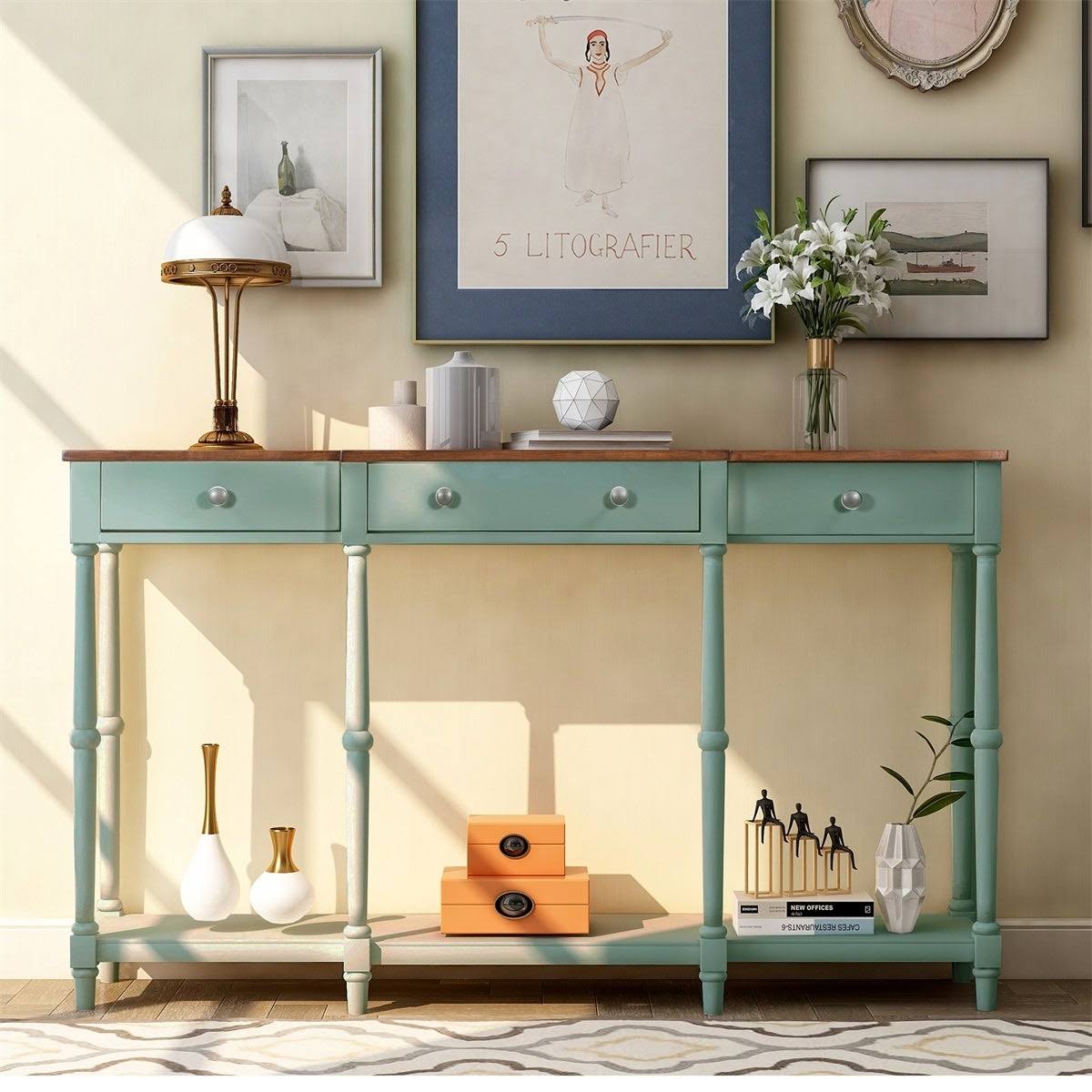 Antique Green Solid Wood Console Table with Storage Shelf and Drawer E9122