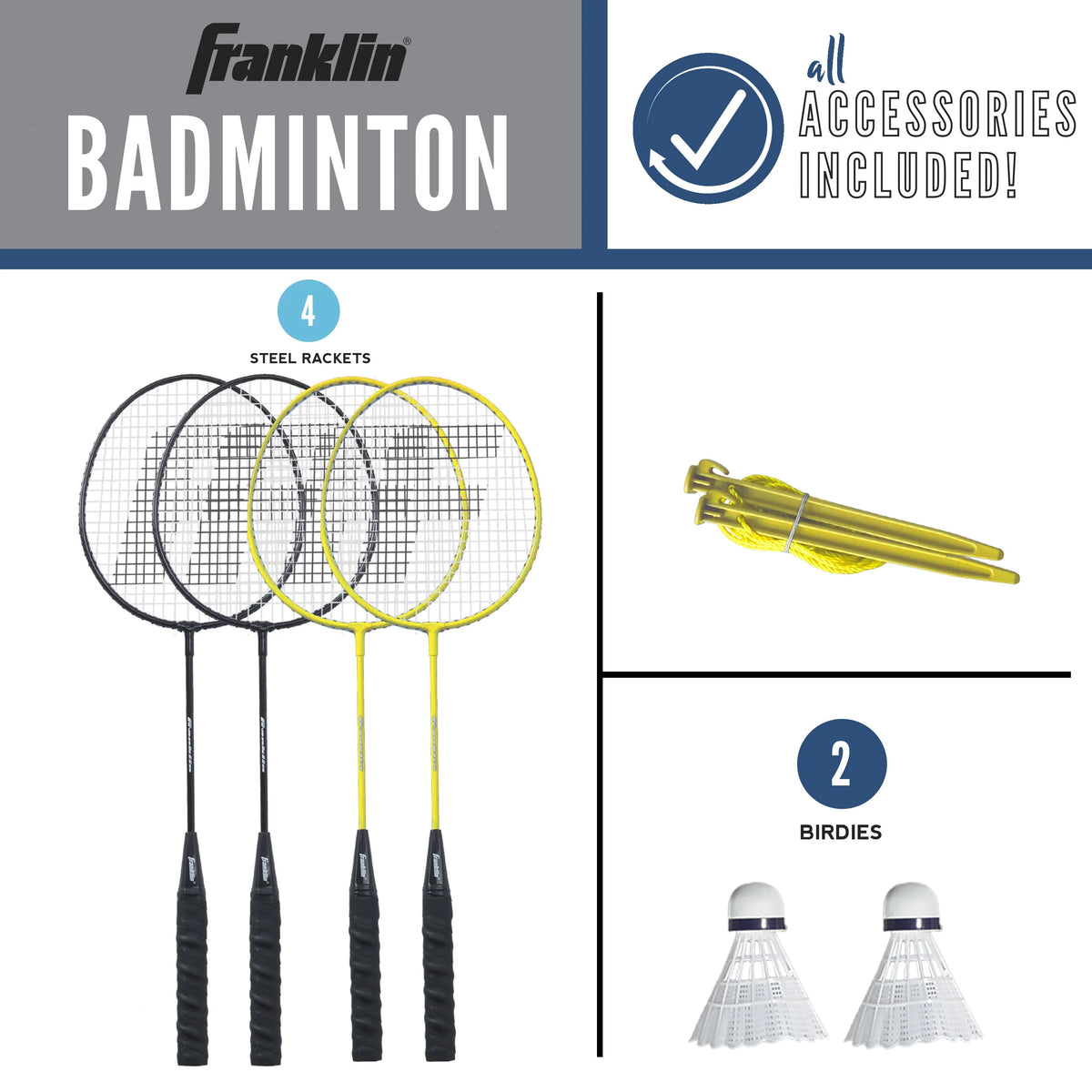 Badminton Net Family Set with 4 Steel Rackets and 2 Birdies A7168