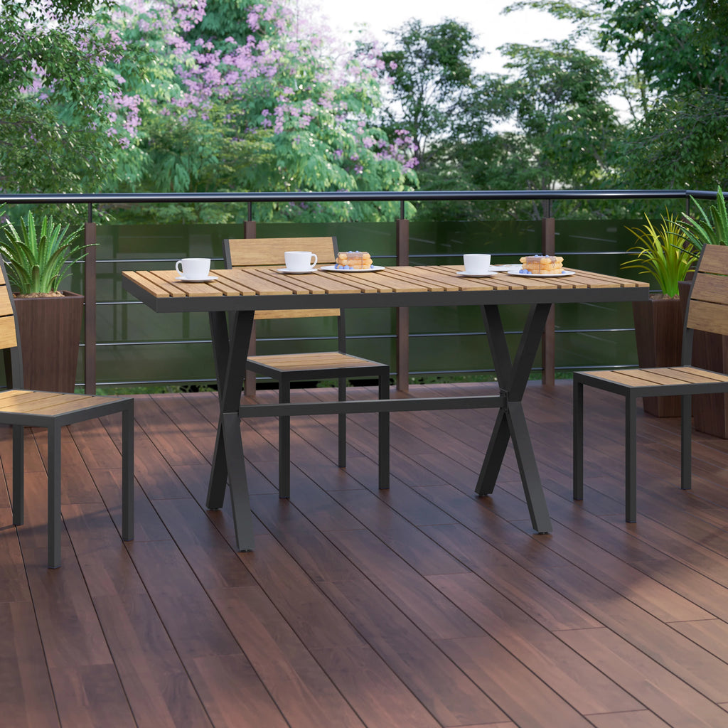 Outdoor Dining Table with Faux Teak Poly Slats and Metal Frame B647