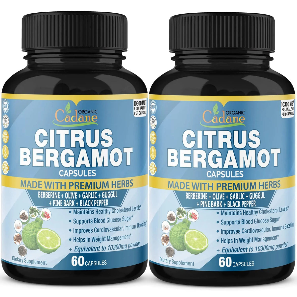2 Packs Citrus Bergamot Extract Capsules 10300mg with Berberine, Olive, Guggul, Garlic, Pine Bark, Black Pepper N40555