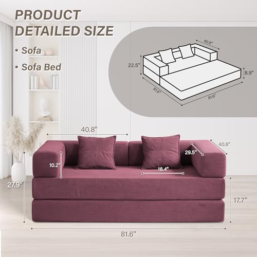 Foldable Sofa Bed, 81'' Folding Floor Couch, Compressed Convertable Sleeper Sofa, Memory Foam Couch with Pillow Back Support Armrest, 4-in-1 Futon Sofa Bed for Living Room, Black G228