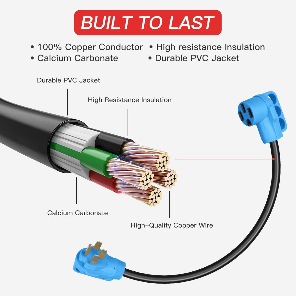 RV Cord 50FT 50AMP Extension Cord, 14-50P Male to 14-50R Female, 6/3+8/1 AWG A51823
