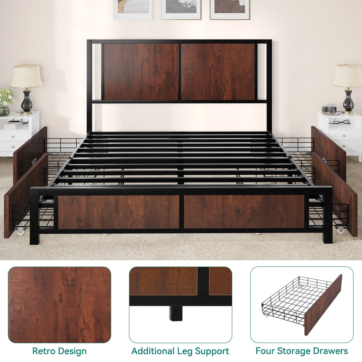 Queen Size Metal Platform Bed Frame with 4 Drawers O682