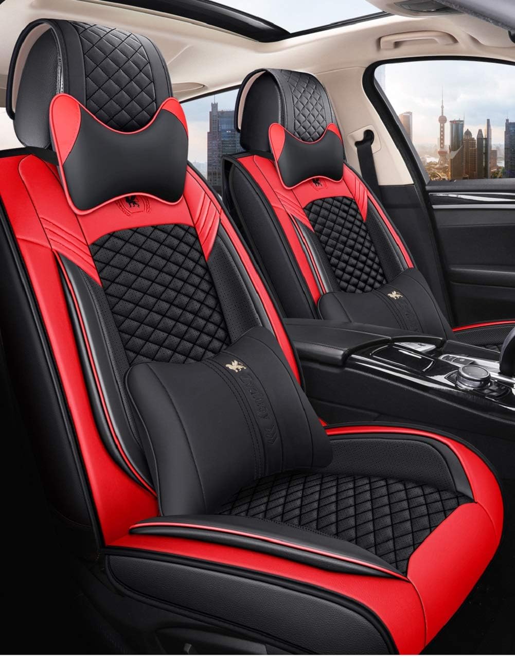 Leather Car Seat Covers 5 Seats Full Set Black Pink L358335
