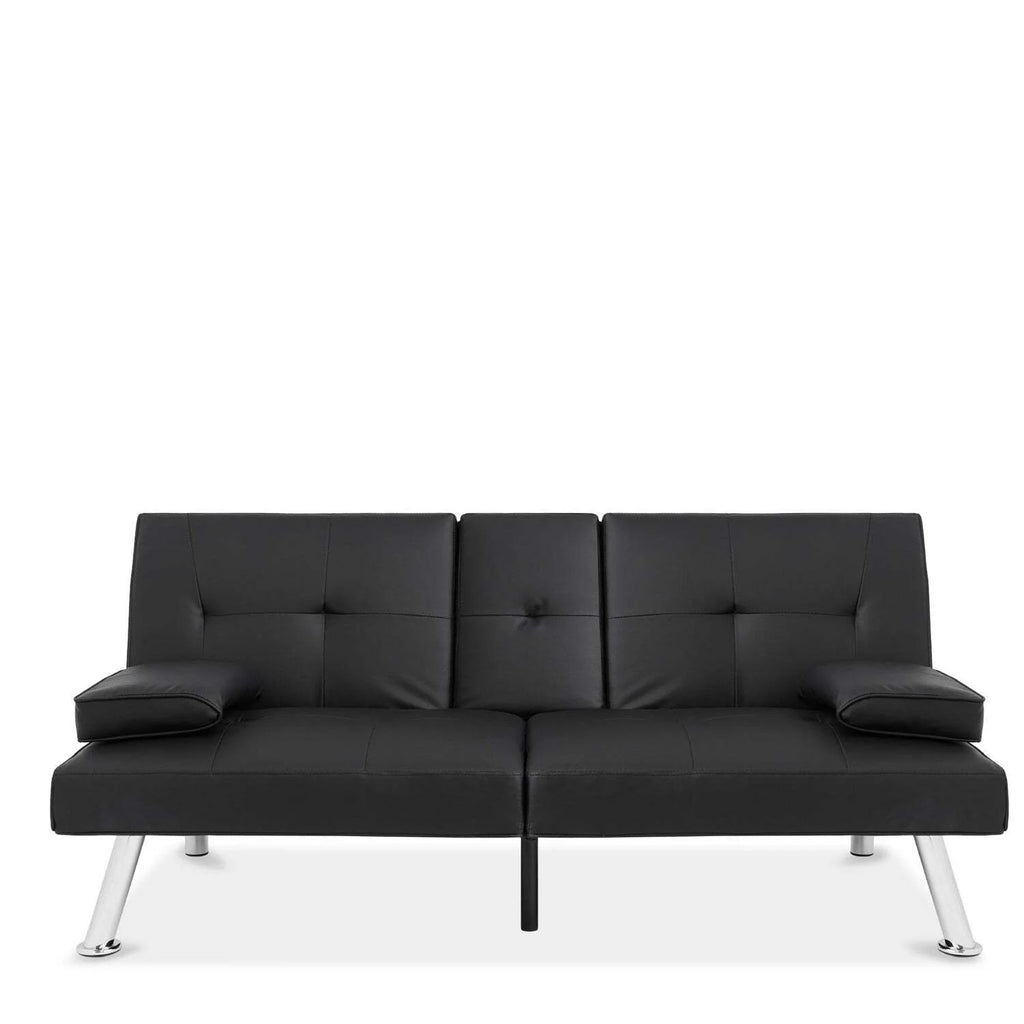 Black Faux Leather Convertible Sofa Futon with 2 Cup Holders G95927