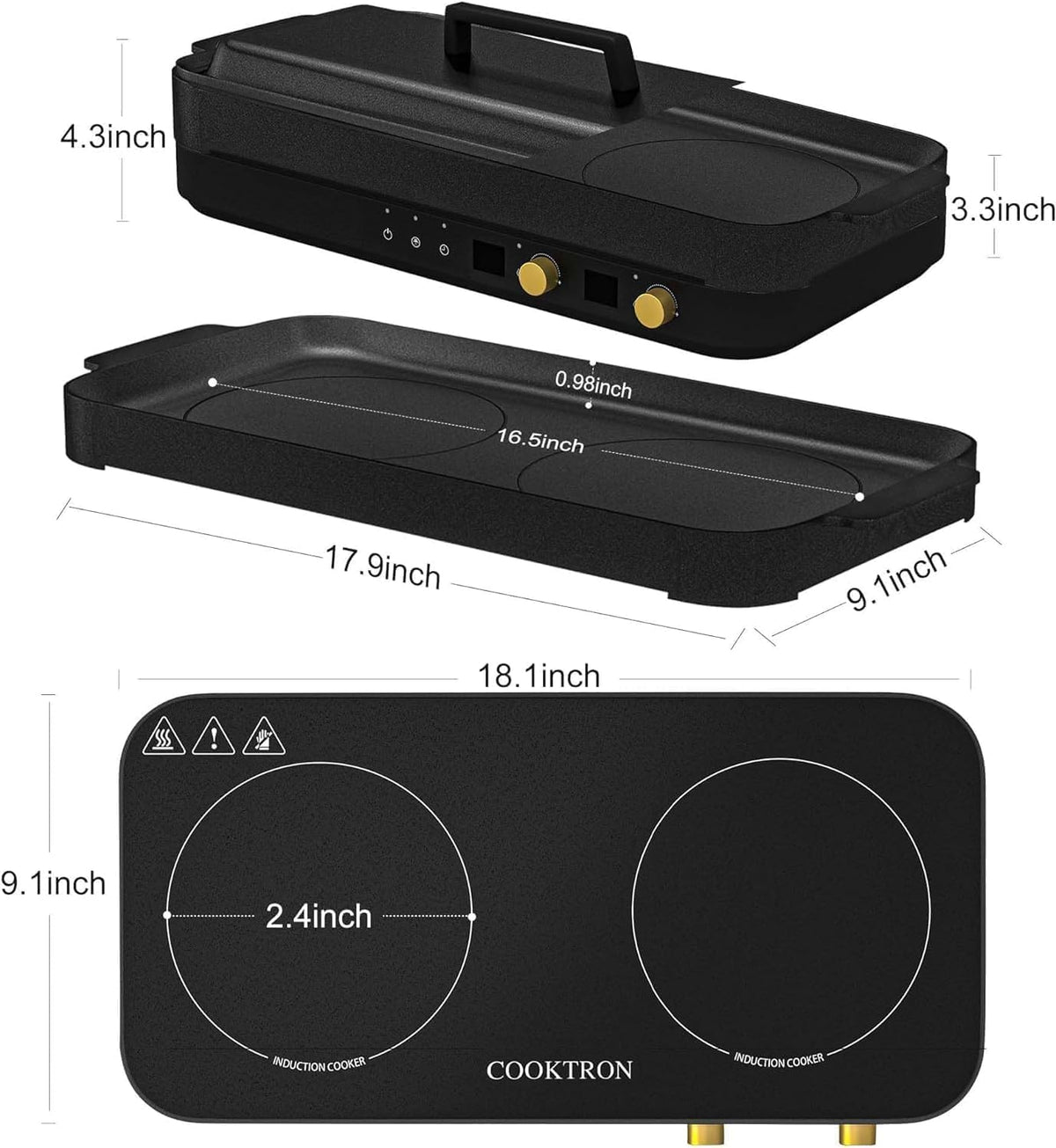 Induction Cooktop 2 Burner with Removable Iron Cast Griddle Pan Non-stick S951