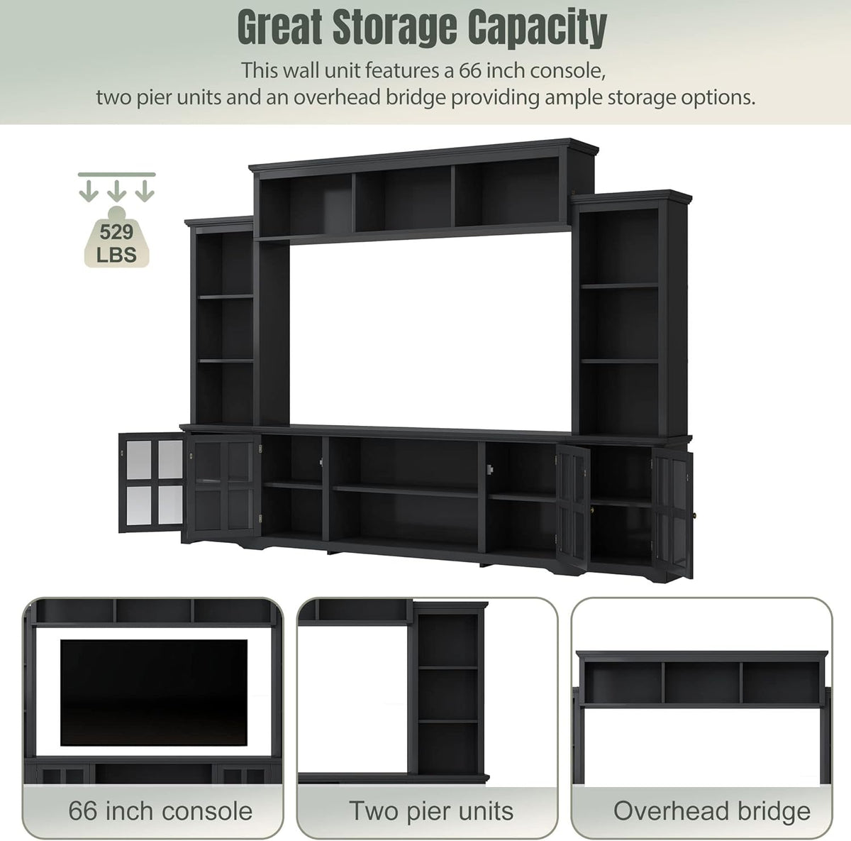 Black Entertainment Wall Unit with Glass Doors & Shelves E737183