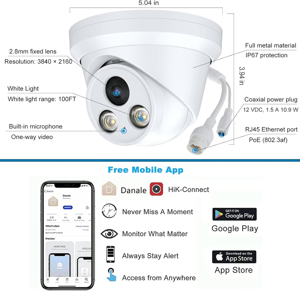 4K Full Color Night Vision 8MP POE Dome IP Camera P410363