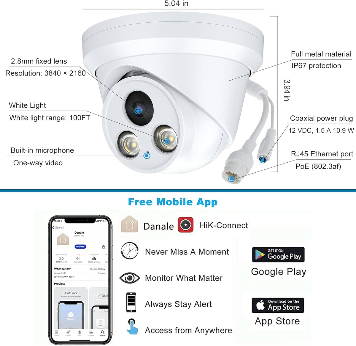 4K Full Color Night Vision 8MP POE Dome IP Camera P410363