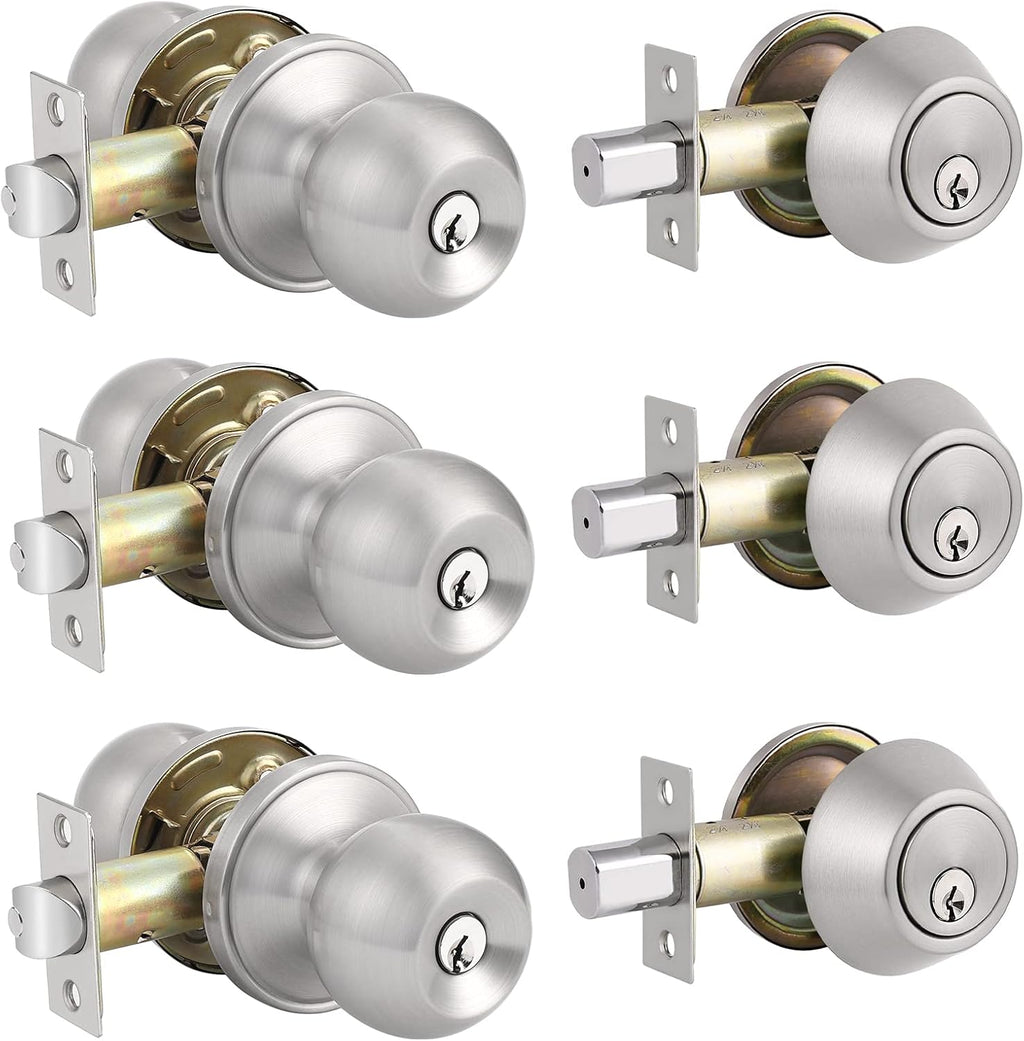 Entry Door Knobs with Single Cylinder Deadbolt, Satin Nickel Finish, Pack of 2 Y255978