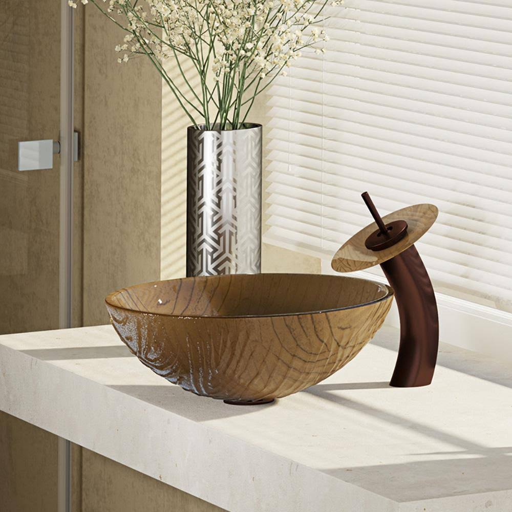 Beach Sand Glass Vessel Bathroom Sink with Oil Rubbed Bronze Waterfall Faucet K60959