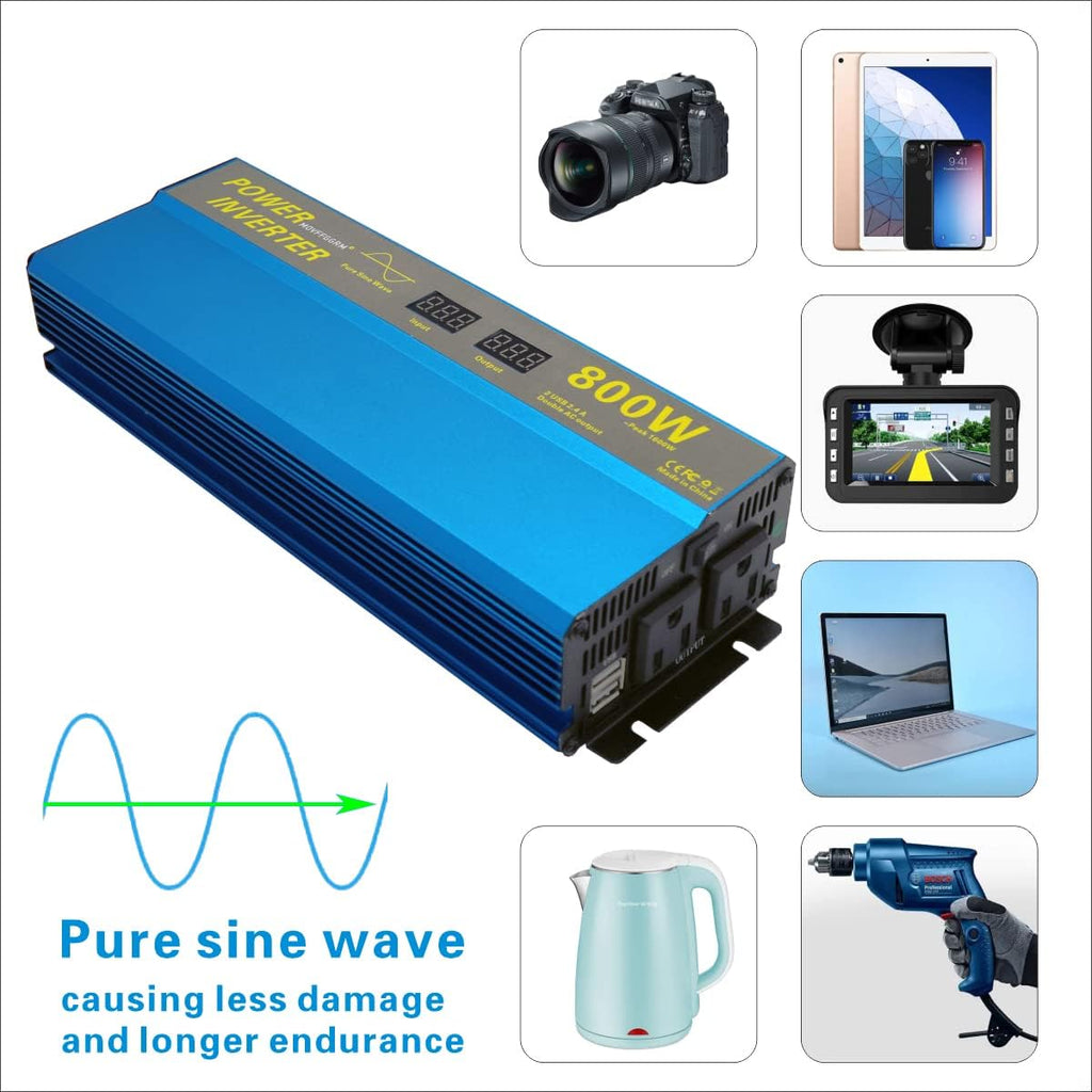 800W Pure Sine Wave Power Inverter DC 12V to 110V AC with 2.4A Dual USB LCD Digital Display T637962