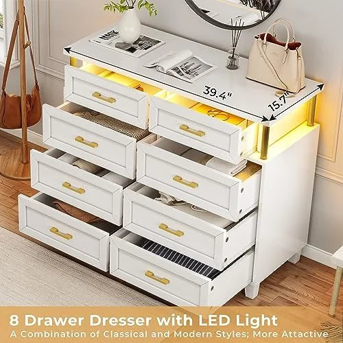 White 8 Drawer Led Dresser N7120