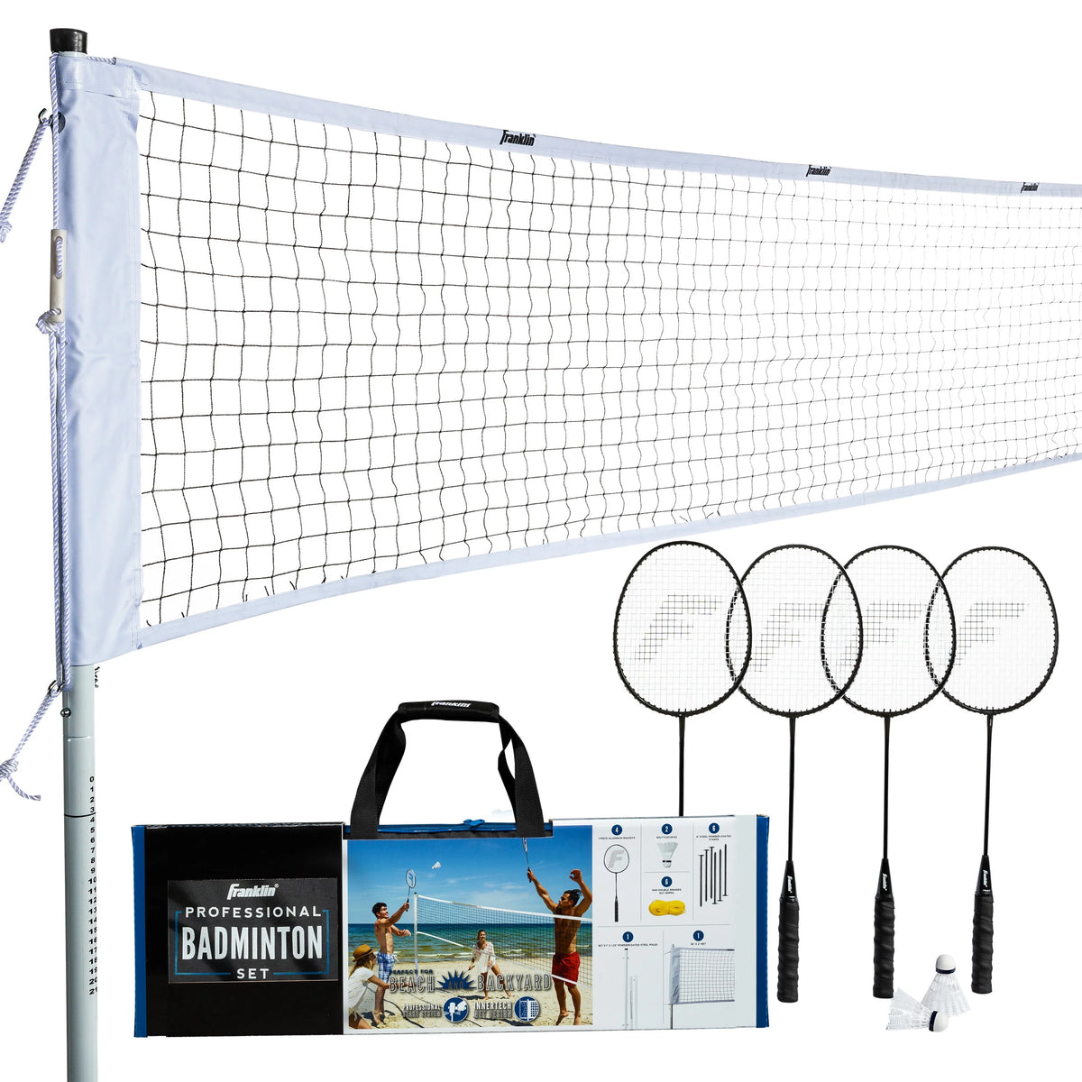 Badminton Net Family Set with 4 Steel Rackets and 2 Birdies A7168