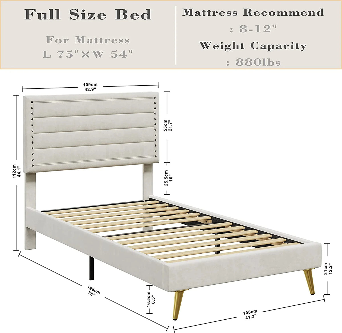 Beige Upholstered Wood Twin Bed Frame L855