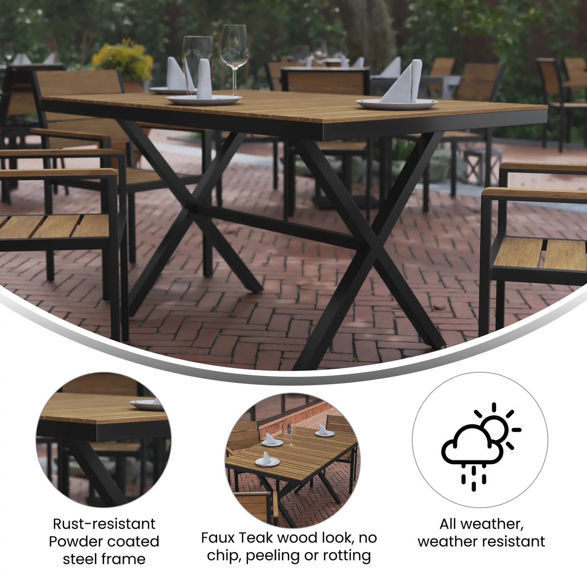 Outdoor Dining Table with Faux Teak Poly Slats and Metal Frame B647