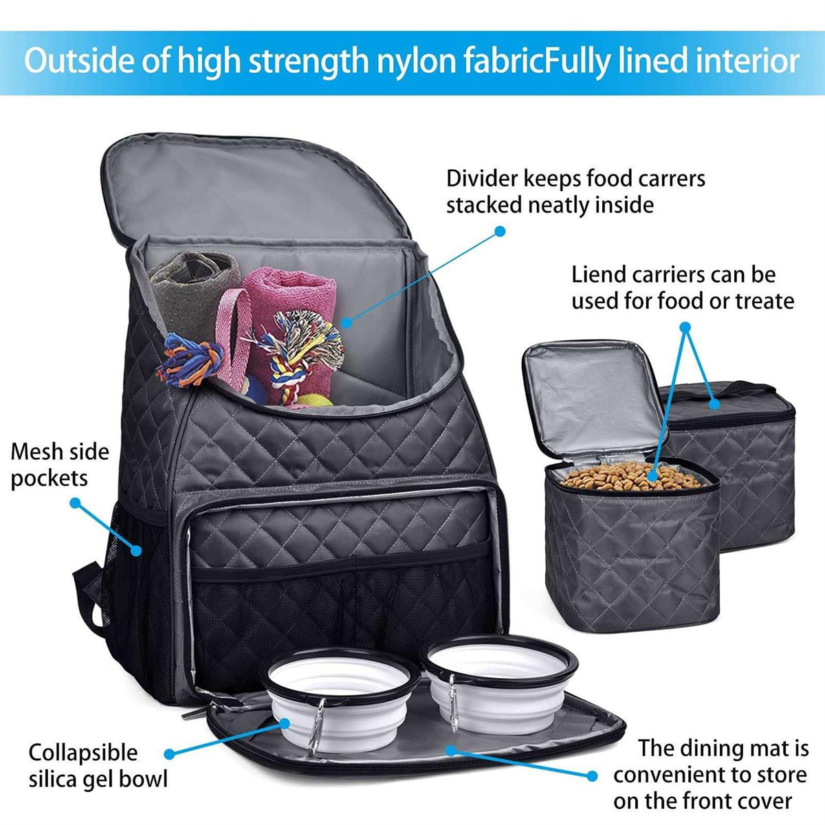Airline Approved Dog Travel Backpack with 2 Collapsible Bowls and 2 Food Baskets Y76935