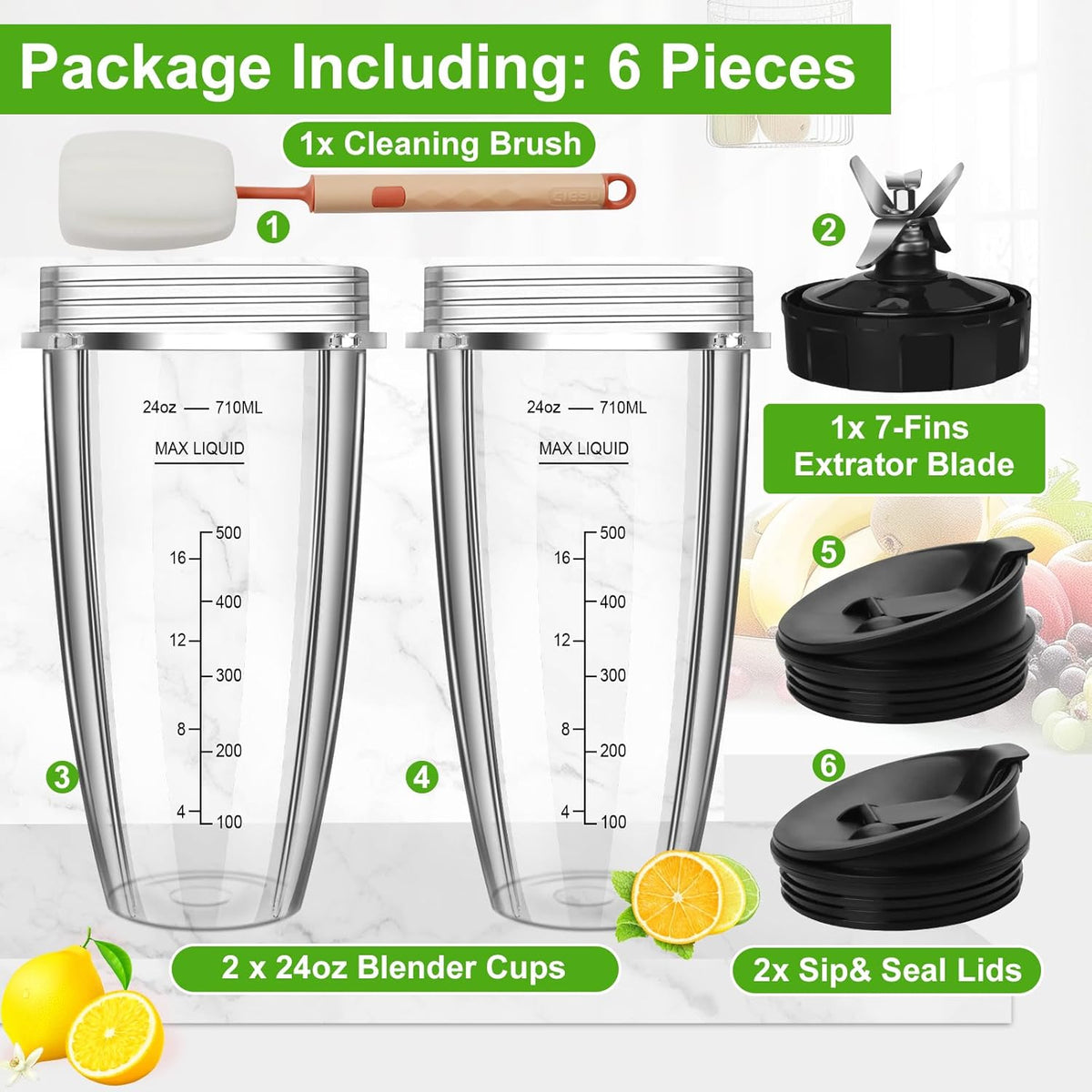 2 24oz Blender Cups with To-Go Lids and 7-Fins Extractor Blade J4606