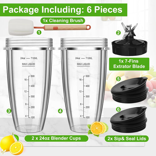2 24oz Blender Cups with To-Go Lids and 7-Fins Extractor Blade J4606