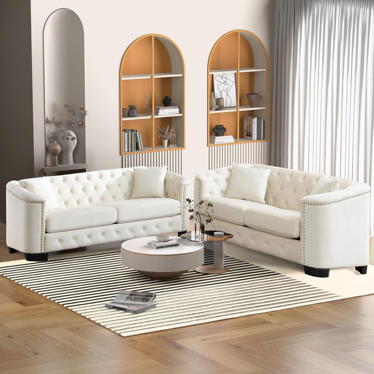 Beige Velvet 3-Seater Sofa with 2 Pillows E481