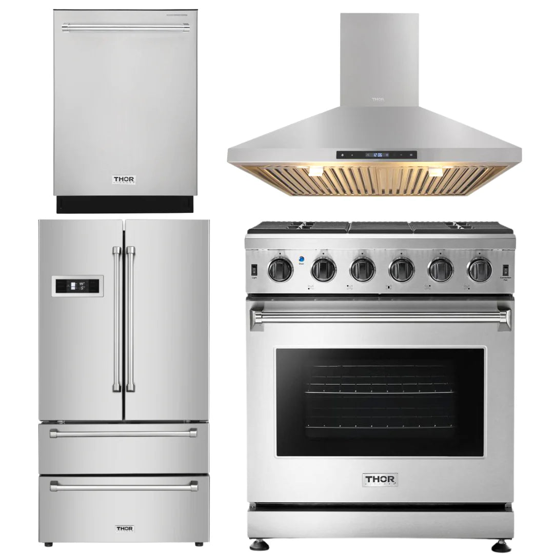 30 in. Propane Gas Range, Range Hood, Dishwasher and Refrigerator P855