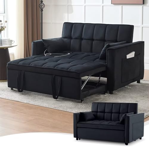 Light Grey Velvet Convertible Sleeper Sofa Couch Bed with USB O49238