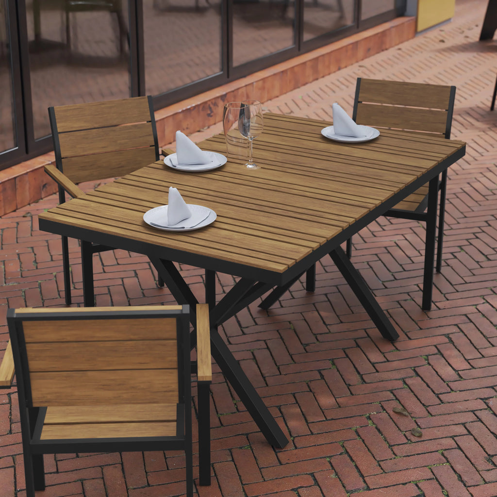 Outdoor Dining Table with Faux Teak Poly Slats and Metal Frame B647