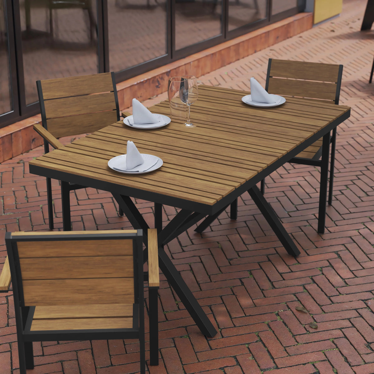 Outdoor Dining Table with Faux Teak Poly Slats and Metal Frame B647