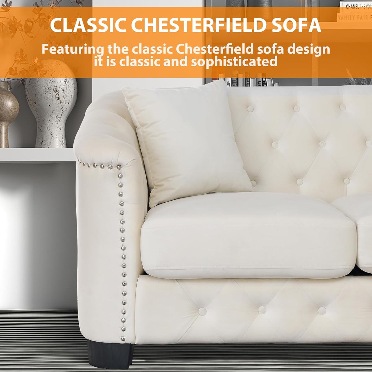 Beige Velvet 3-Seater Sofa with 2 Pillows E481