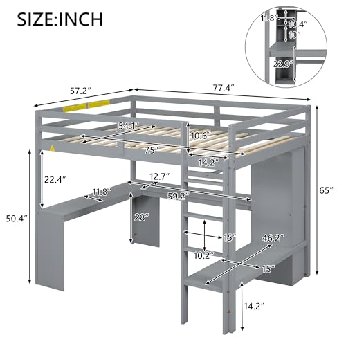 White Full Size Wood Loft Bed with Desk and Wardrobe J817