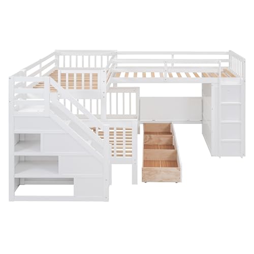 Espresso Wood Twin-Over-Full Triple Bunk Beds with Stairs, Desk, Wardrobe, Storage, Shelves and Drawers R891
