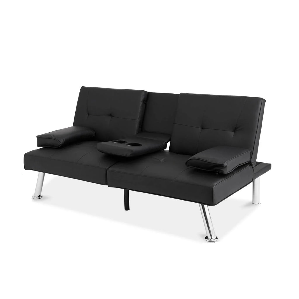 Black Faux Leather Convertible Sofa Futon with 2 Cup Holders G95927