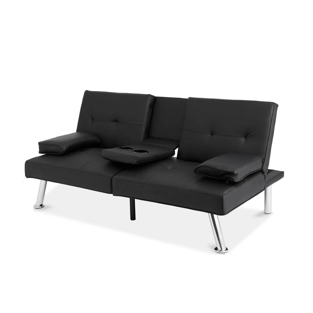 Black Faux Leather Convertible Sofa Futon with 2 Cup Holders G95927