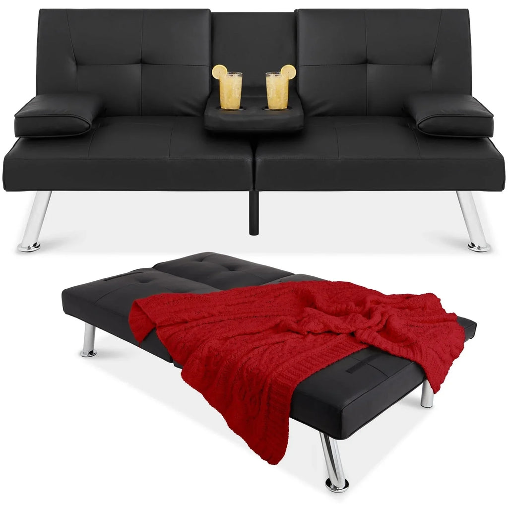 Black Faux Leather Convertible Sofa Futon with 2 Cup Holders G95927