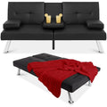 Black Faux Leather Convertible Sofa Futon with 2 Cup Holders G95927