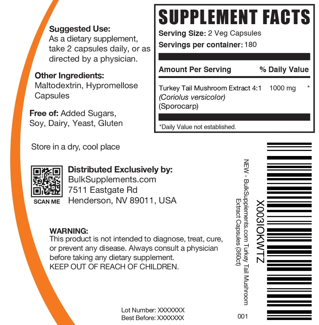 Turkey Tail Mushroom Capsules, 1000mg, Vegan Capsules, 360 Capsules S621