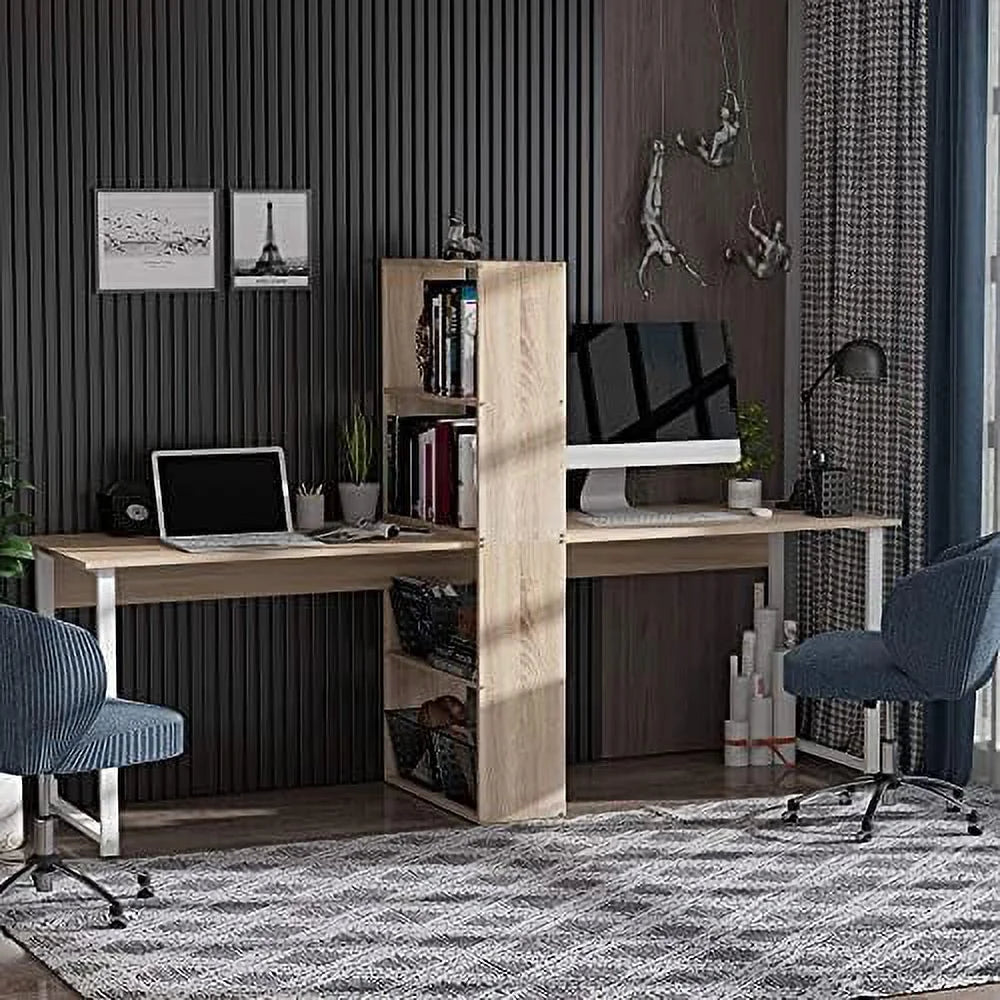 88" 2-Person Computer Desk with Shelves Natural Wood X28907