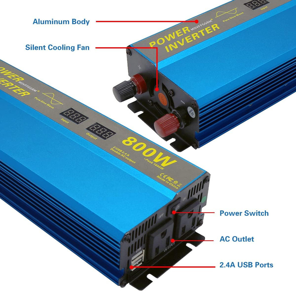 800W Pure Sine Wave Power Inverter DC 12V to 110V AC with 2.4A Dual USB LCD Digital Display T637962