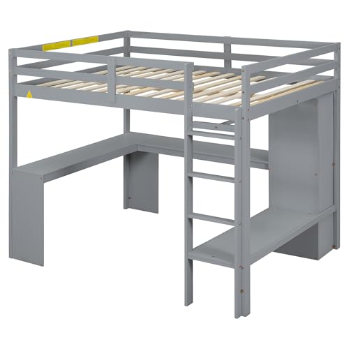 White Full Size Wood Loft Bed with Desk and Wardrobe J817