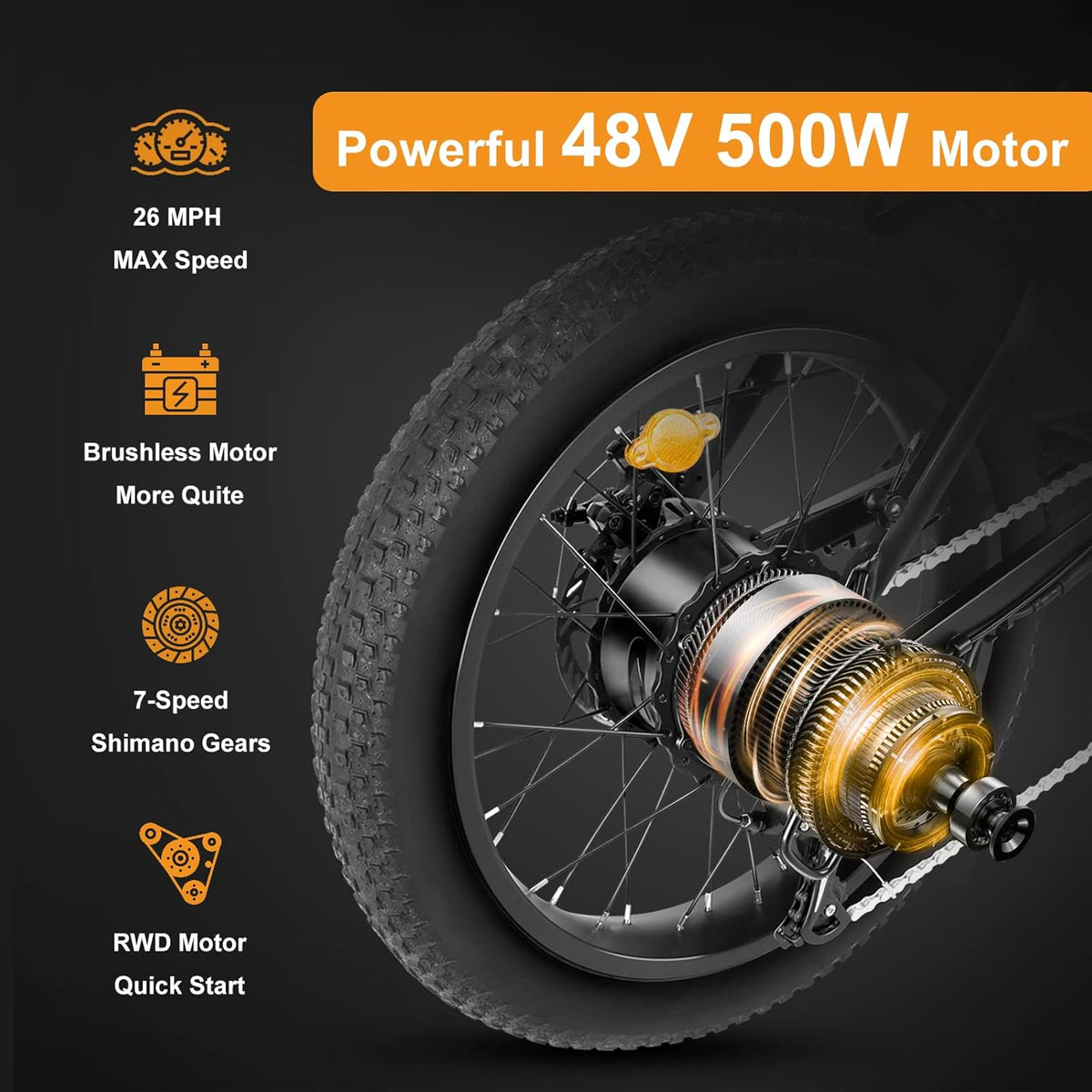Electric Bike, 500W Motor, 26MPH Max Speed, 48V 10AH Removable Battery, 20" Fat Tire, Dual Shock Absorber, Shimano 7-Speed T395
